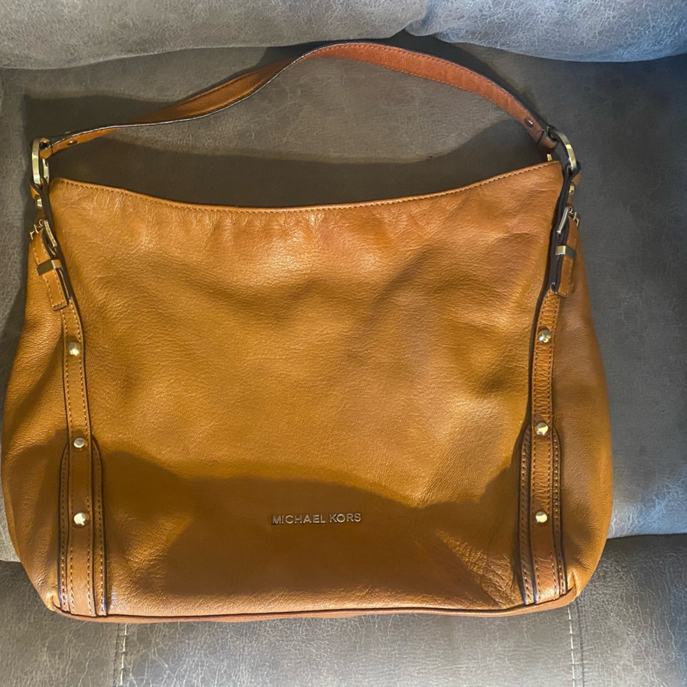 Michael Kors Leigh Studded Luggage Brown Leather Shoulder Bag